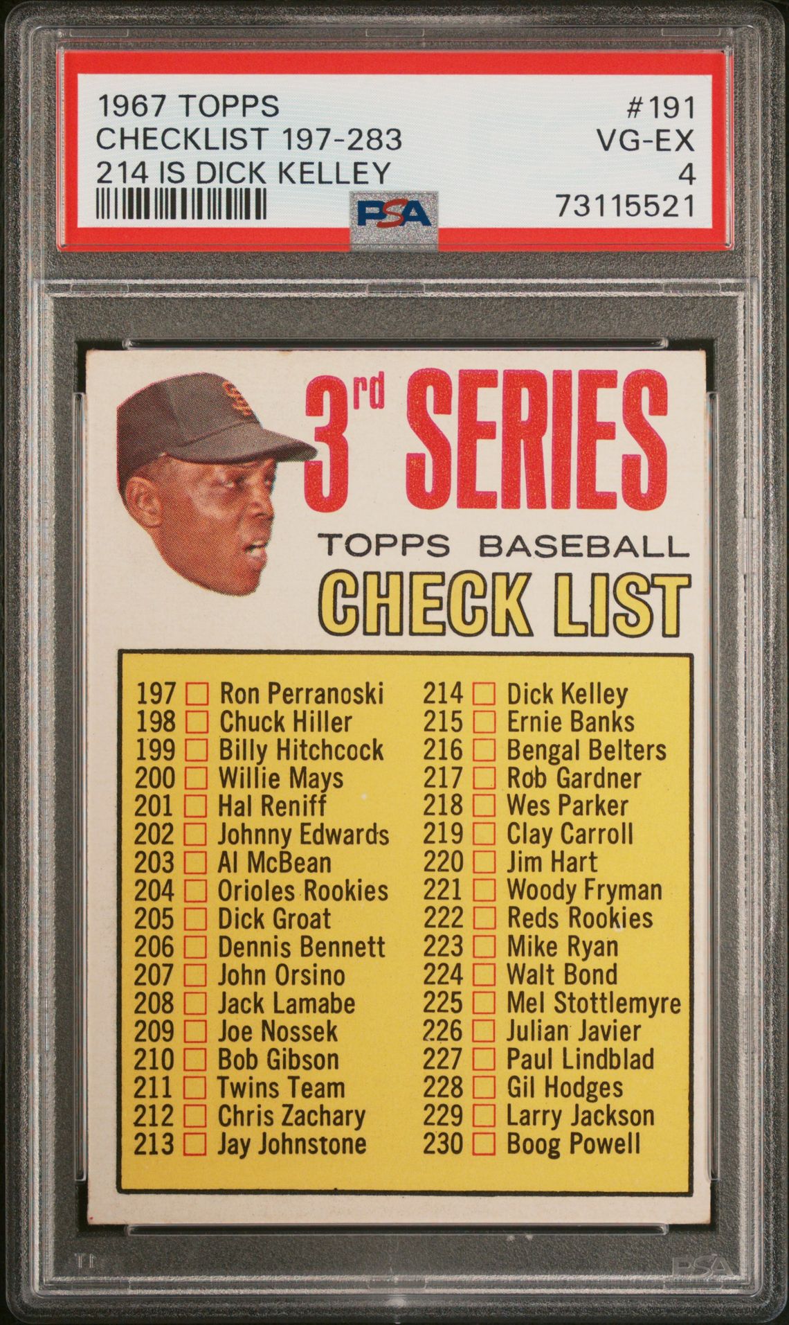 1967 Topps Checklist 197-283 #191 (214 Is Dick Kelley) Vg-Ex 4 front