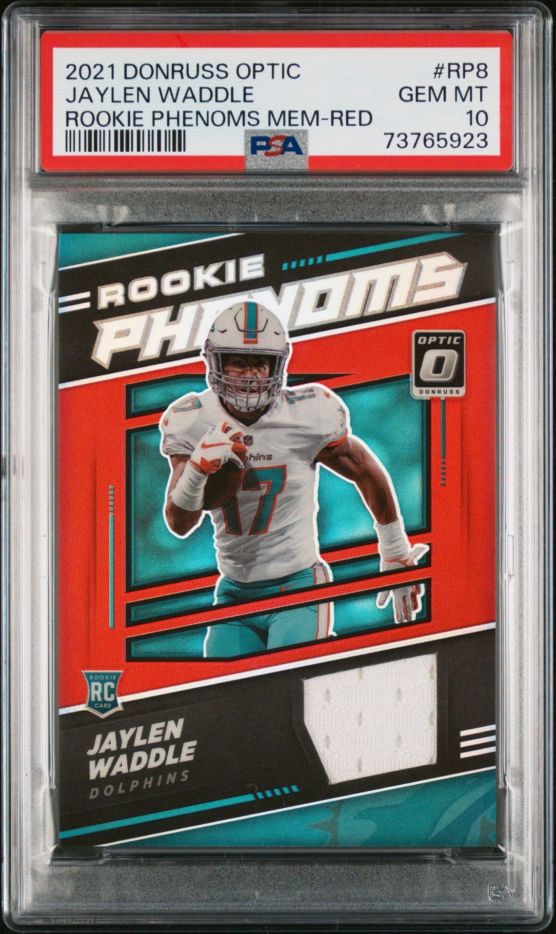 2021 Panini Donruss Optic Rookie Phenoms Memorabilia Jaylen Waddle #Rp8 (Rookie Phenoms Mem-Red) Gem Mt 10 front