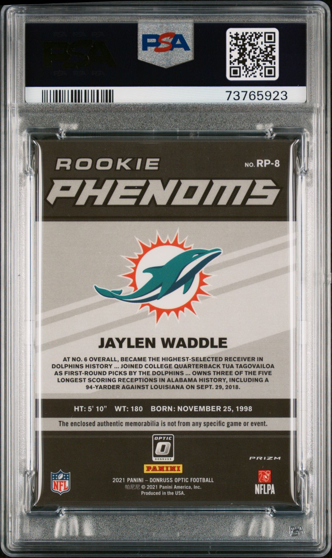 2021 Panini Donruss Optic Rookie Phenoms Memorabilia Jaylen Waddle #Rp8 (Rookie Phenoms Mem-Red) Gem Mt 10 back