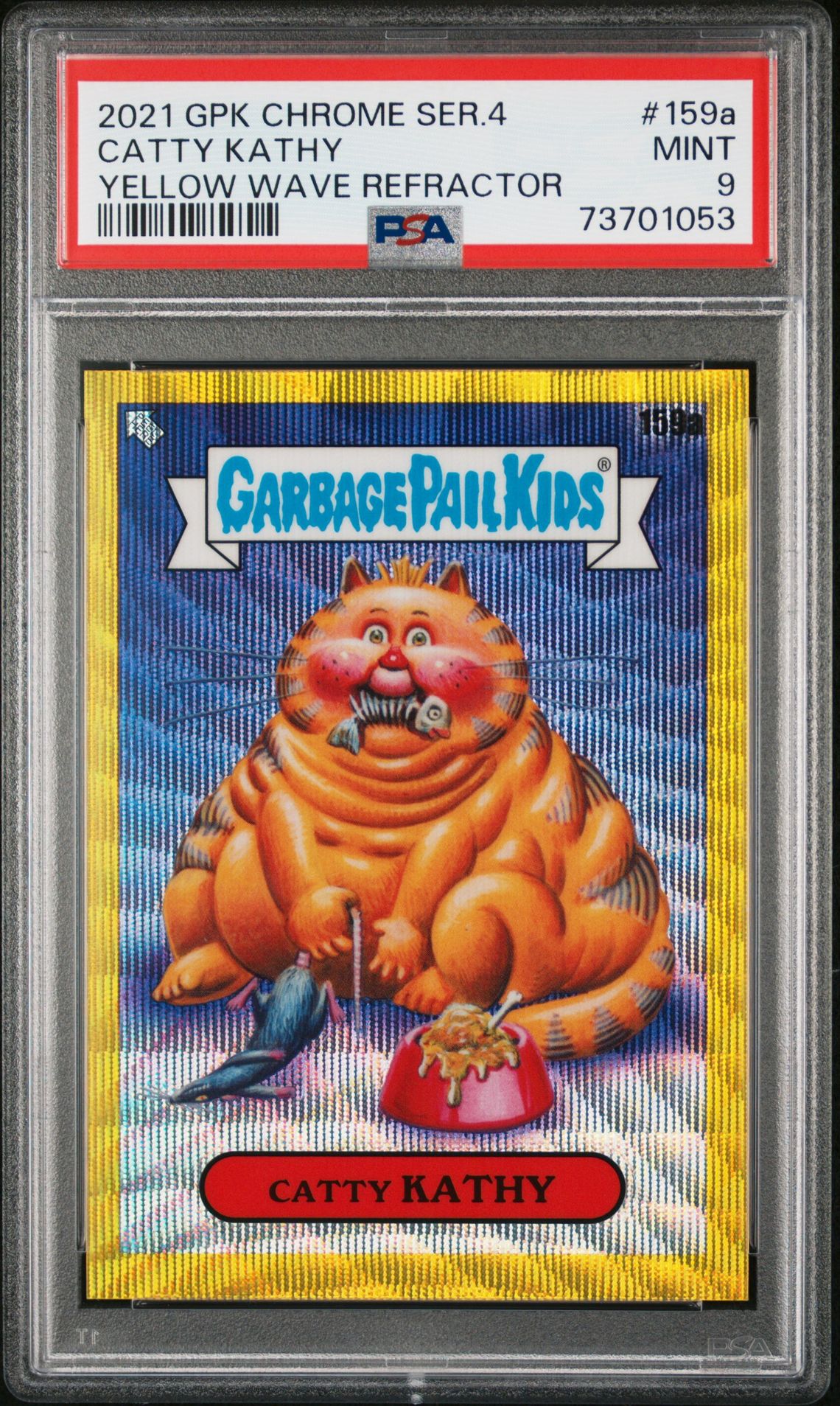 2021 Topps GARBAGE PAIL KIDS CHROME YELLOW WAVE REFRACTOR #159A Catty Kathy front