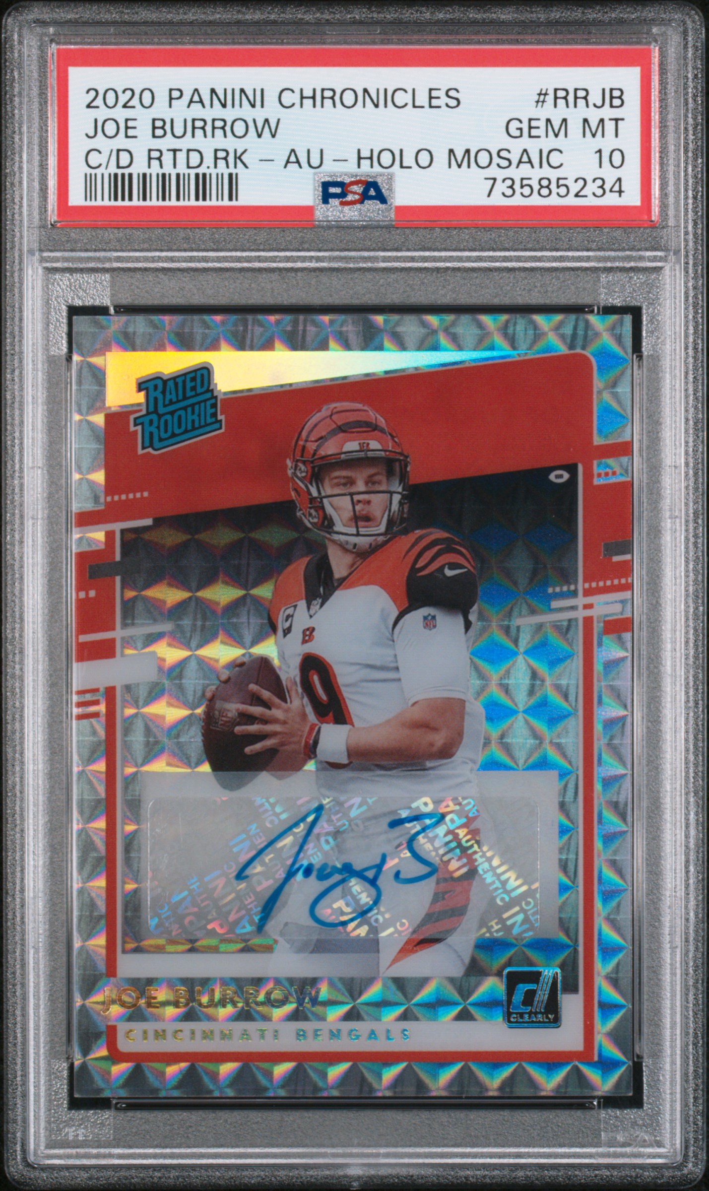 2020 Panini Chronicles Clearly Donruss Rated Rookies Joe Burrow #Rrjb (C/D Rtd.rk-Au-Holo Mosaic) Gem Mt 10 front