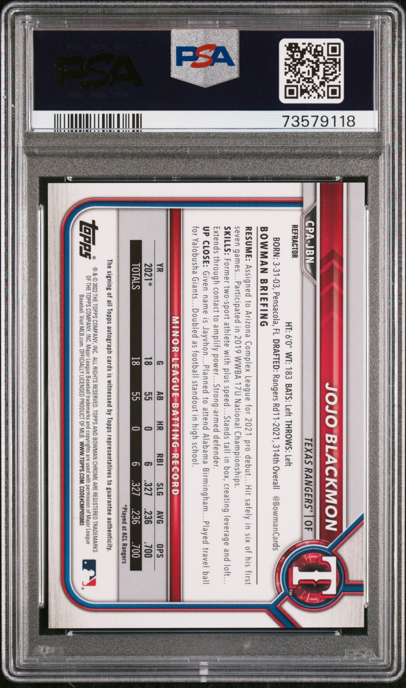 2022 Bowman Chrome Prospect Autographs Jojo Blackmon #Cpajbn (Pros.auto-Refractor) Mint 9 back