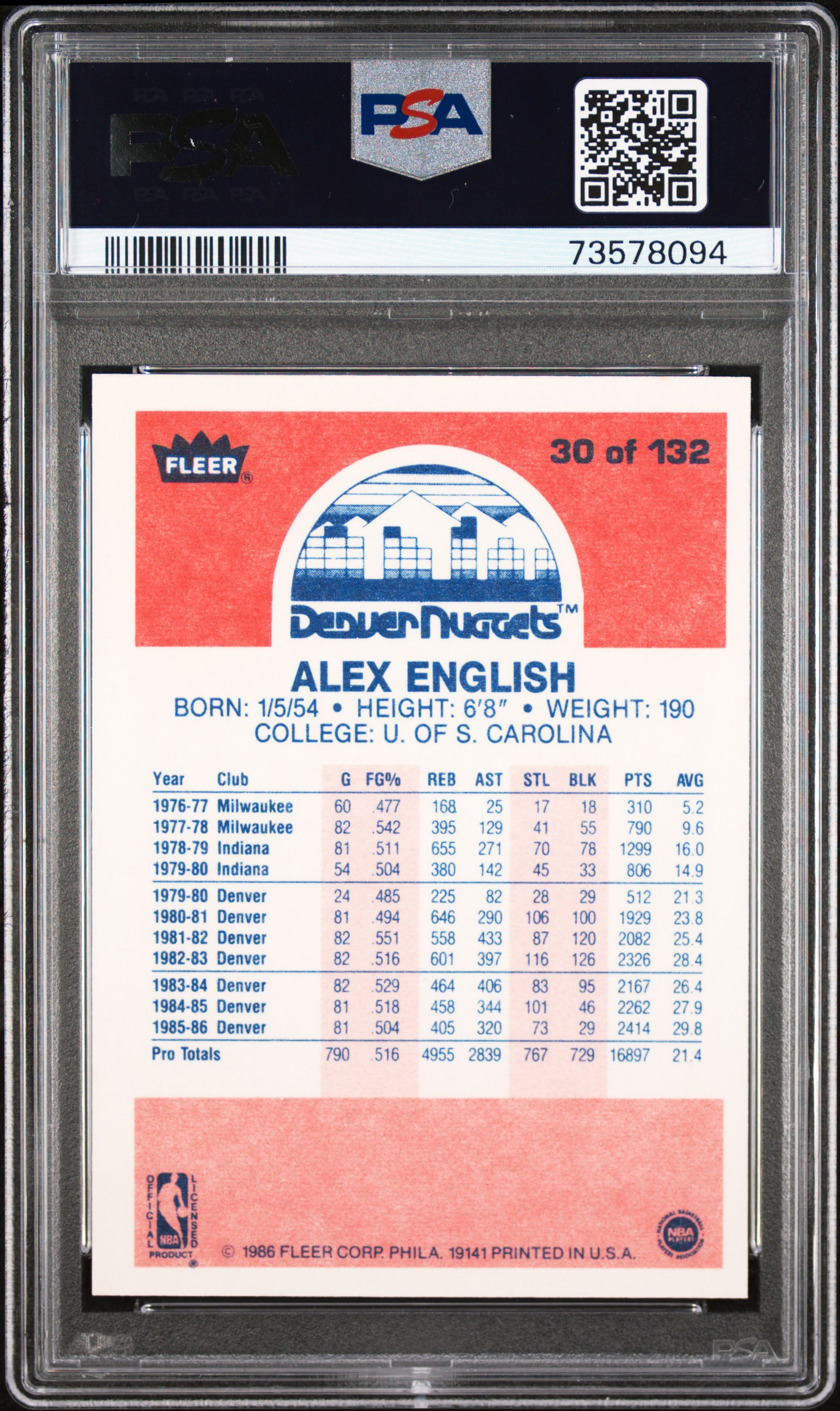 1986 Fleer Alex English #30 Mint 9 back