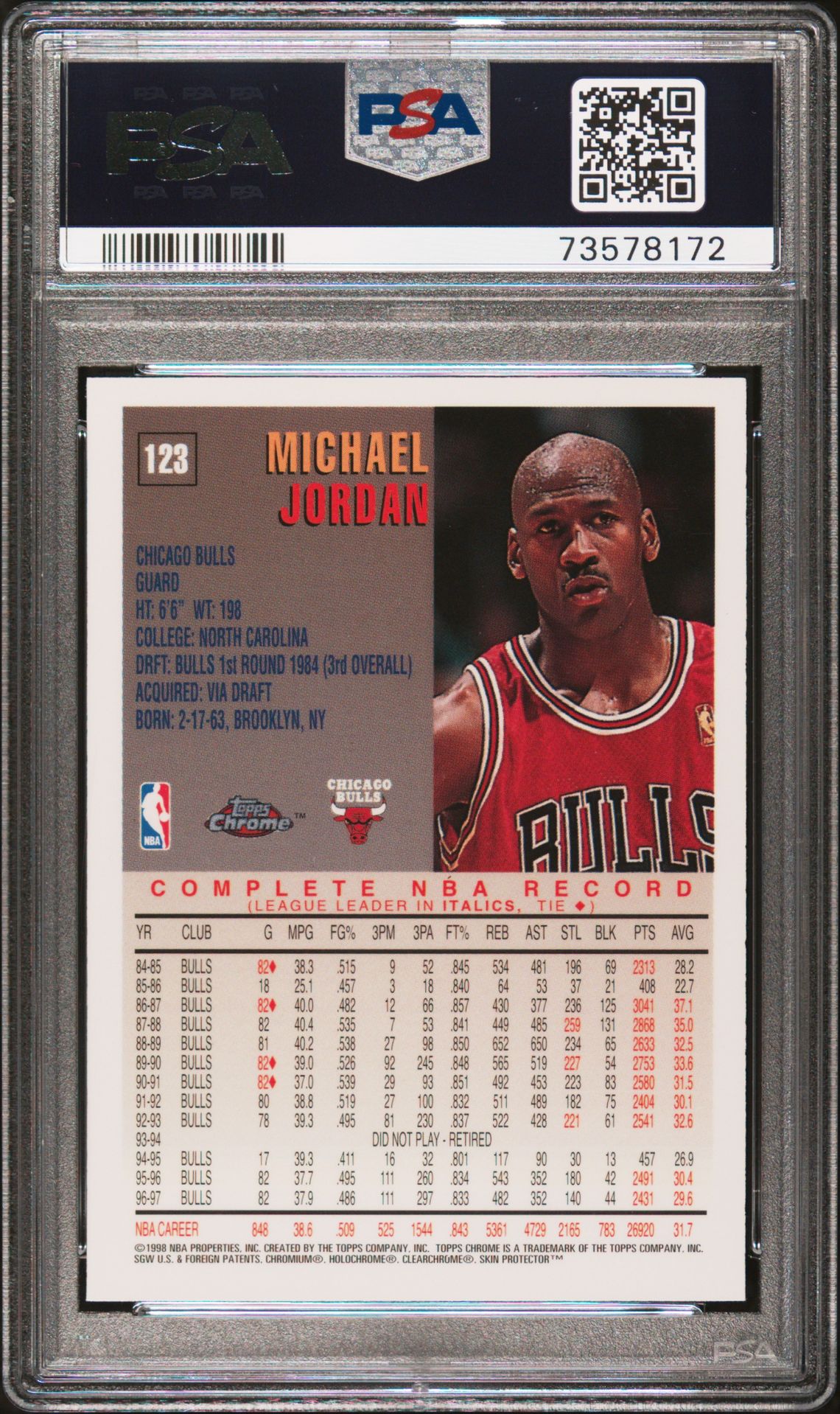 1997 Topps Chrome Michael Jordan #123 Mint 9 back