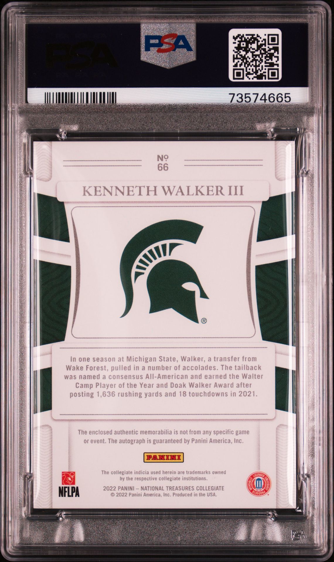 2022 Panini National Treasures Collegiate Kenneth Walker Iii #66 (College Mat.sig-Silver) Mint 9 back