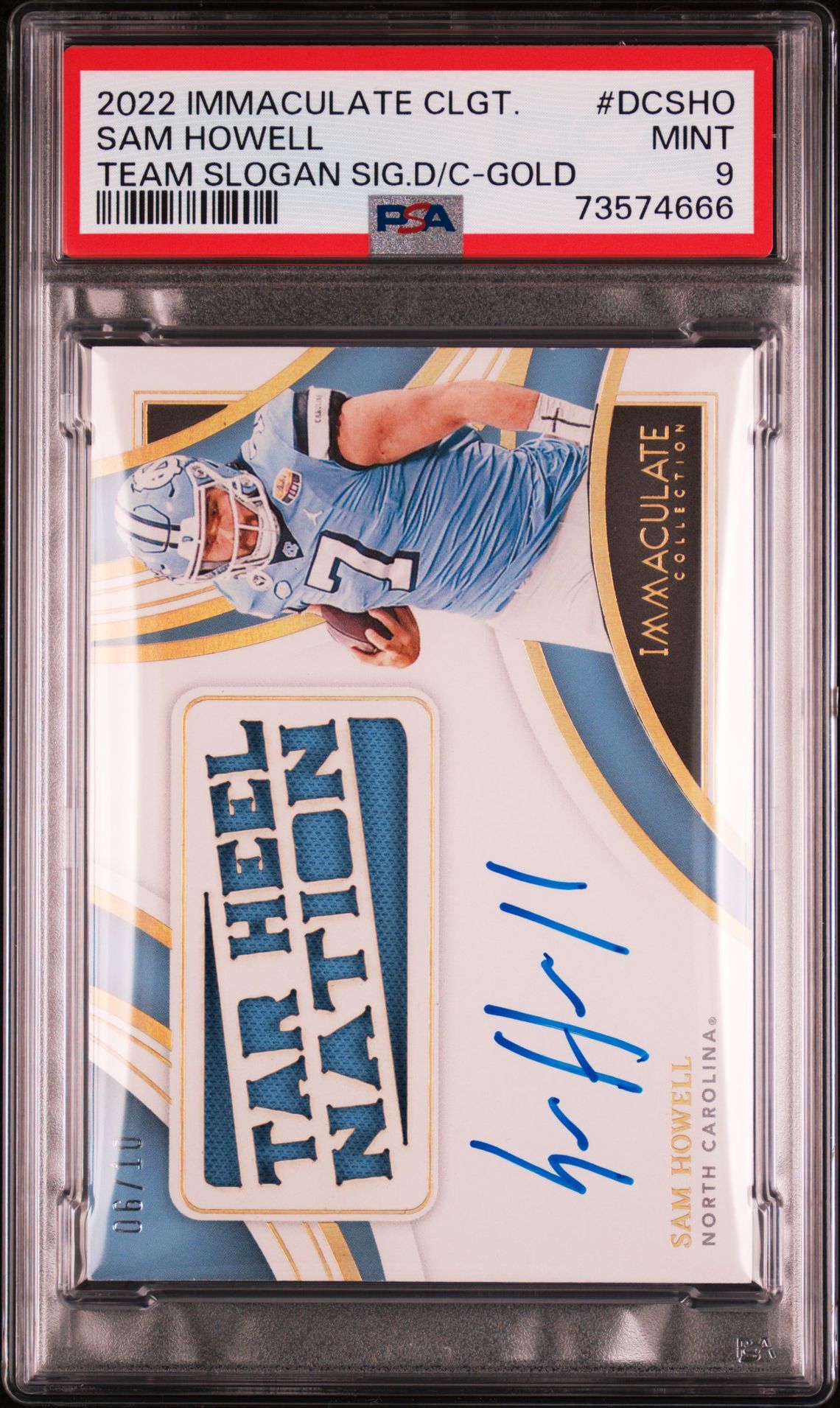 2022 Panini Immaculate Collection Collegiate Team Slogan Signatures Die Cuts Sam Howell #Dcsho (Team Slogan Sig.d/C-Gold) Mint 9 front