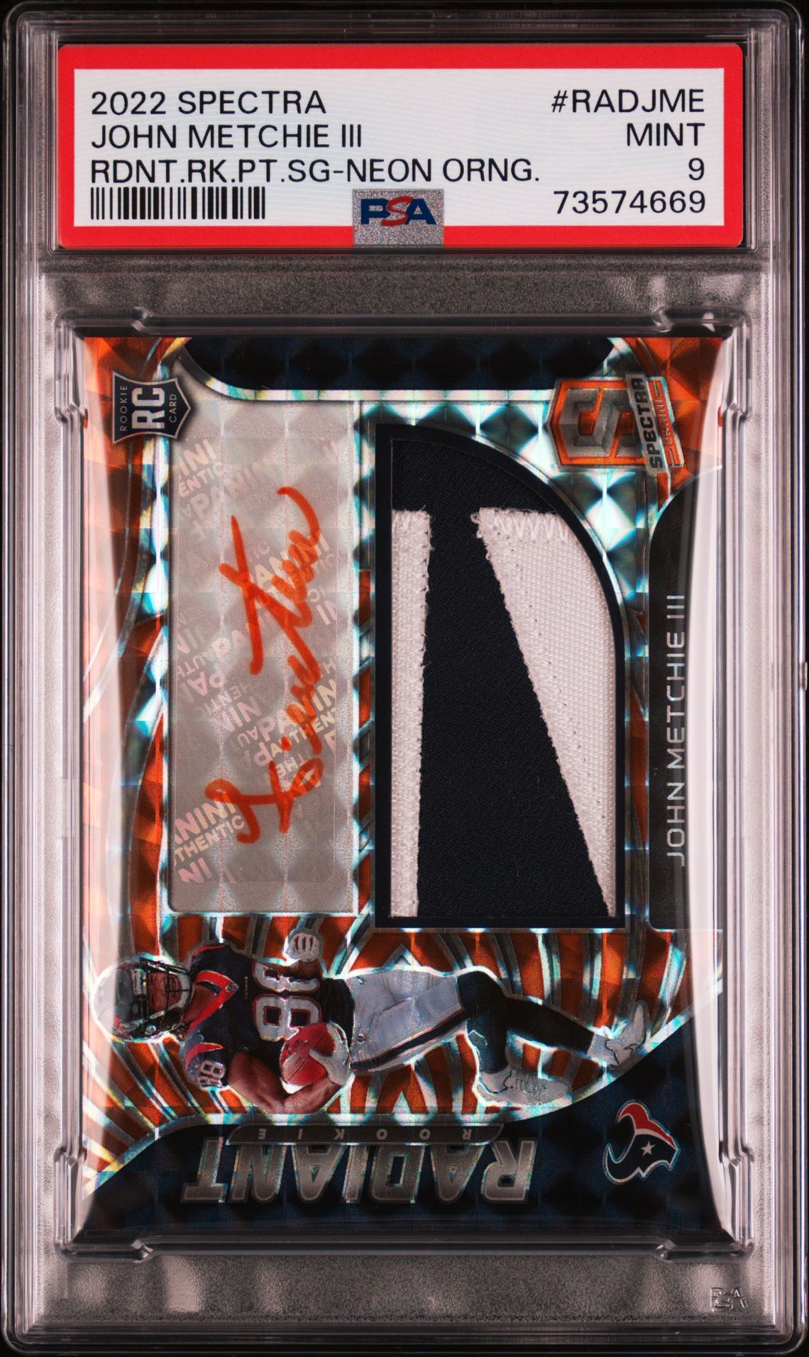 2022 Panini Spectra Radiant Rookie Patch Signatures John Metchie Iii #Radjme (Rdnt.rk.pt.sg-Neon Orng.) Mint 9 front