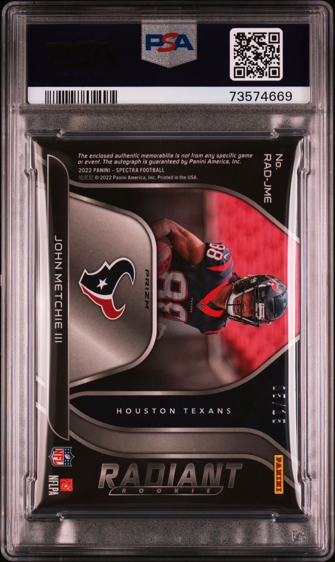 2022 Panini Spectra Radiant Rookie Patch Signatures John Metchie Iii #Radjme (Rdnt.rk.pt.sg-Neon Orng.) Mint 9 back