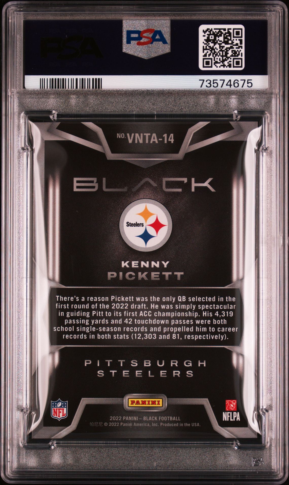 2022 Panini Black Vanta Kenny Pickett #Vnta14 (Vanta) Mint 9 back