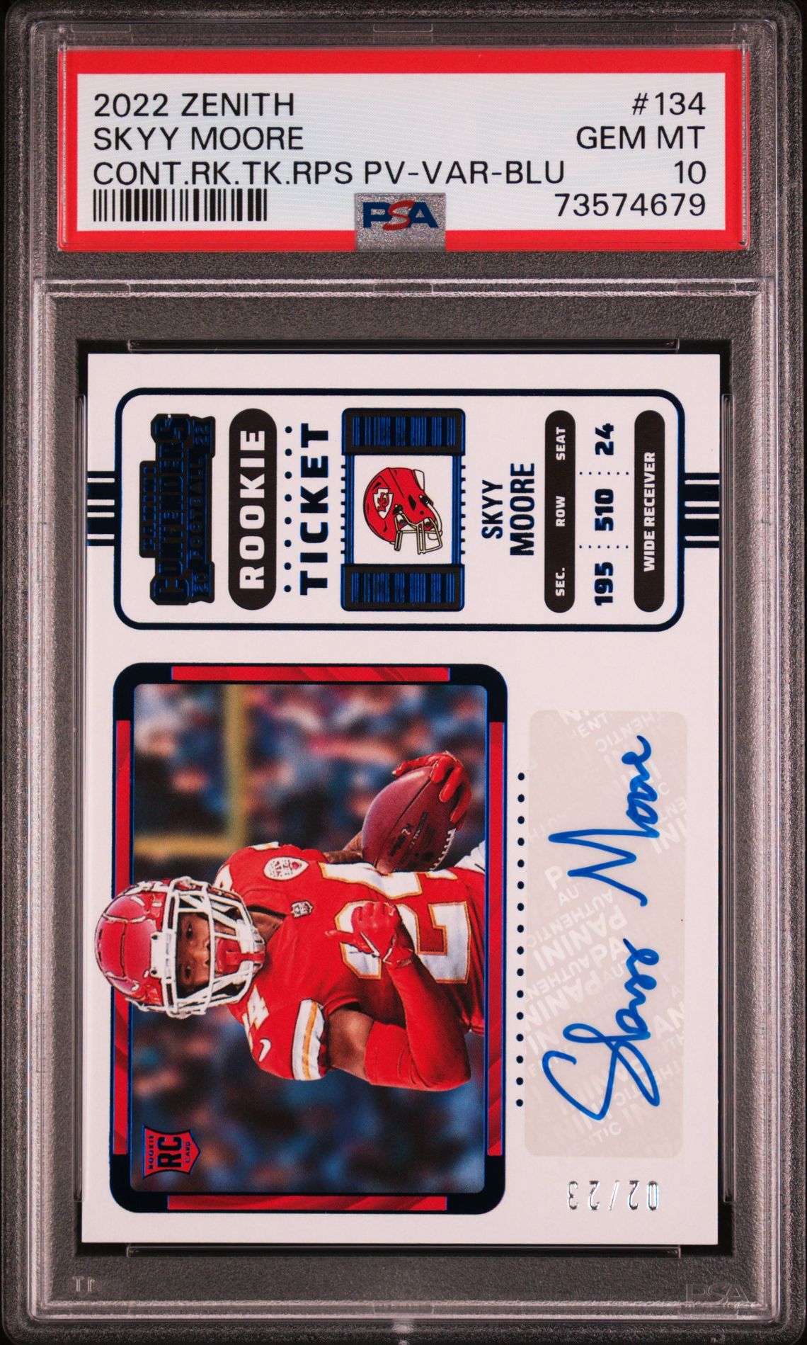 2022 Panini Zenith Contenders Rookie Ticket Rps Preview Autograph Skyy Moore #134 (Ct.rk.tt.rps Pv.au-Var-Blu) Gem Mt 10 front