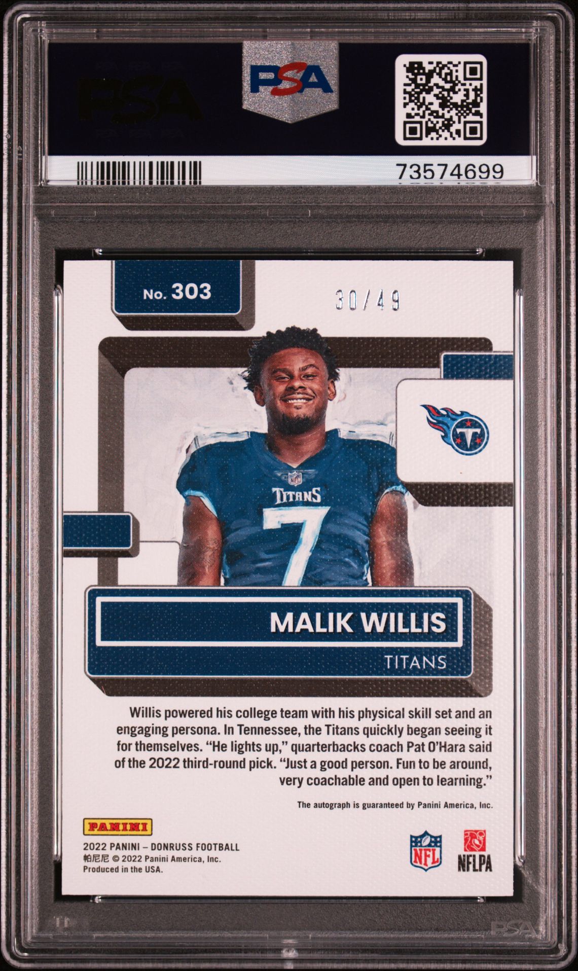 2022 Panini Donruss Malik Willis #303 (Portrait-Autograph) Gem Mt 10 back