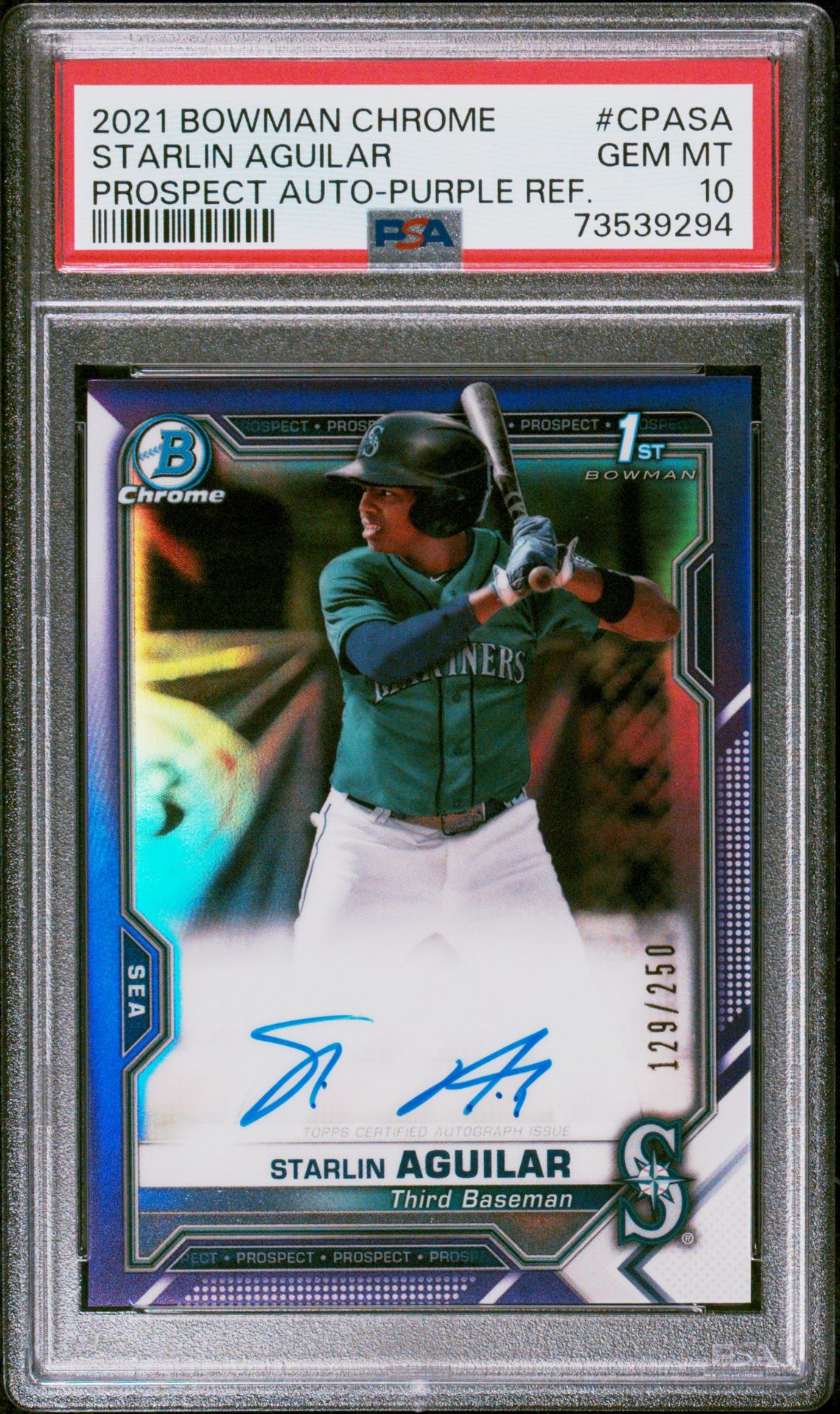 2021 Bowman BOWMAN CHROME PROSPECT AUTOGRAPHS Purple Refractor #CPASA Starlin Aguilar front