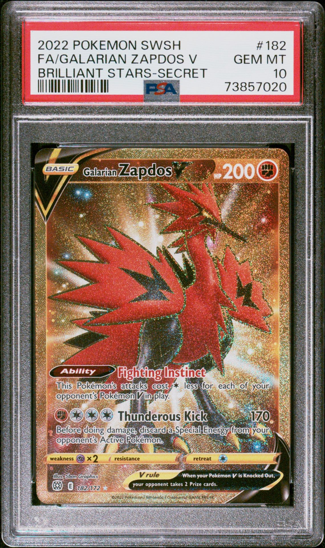 2022 Pokemon Sword & Shield Brilliant Stars Fa/Galarian Zapdos V #182 (Brilliant Stars-Secret) Gem Mt 10 front