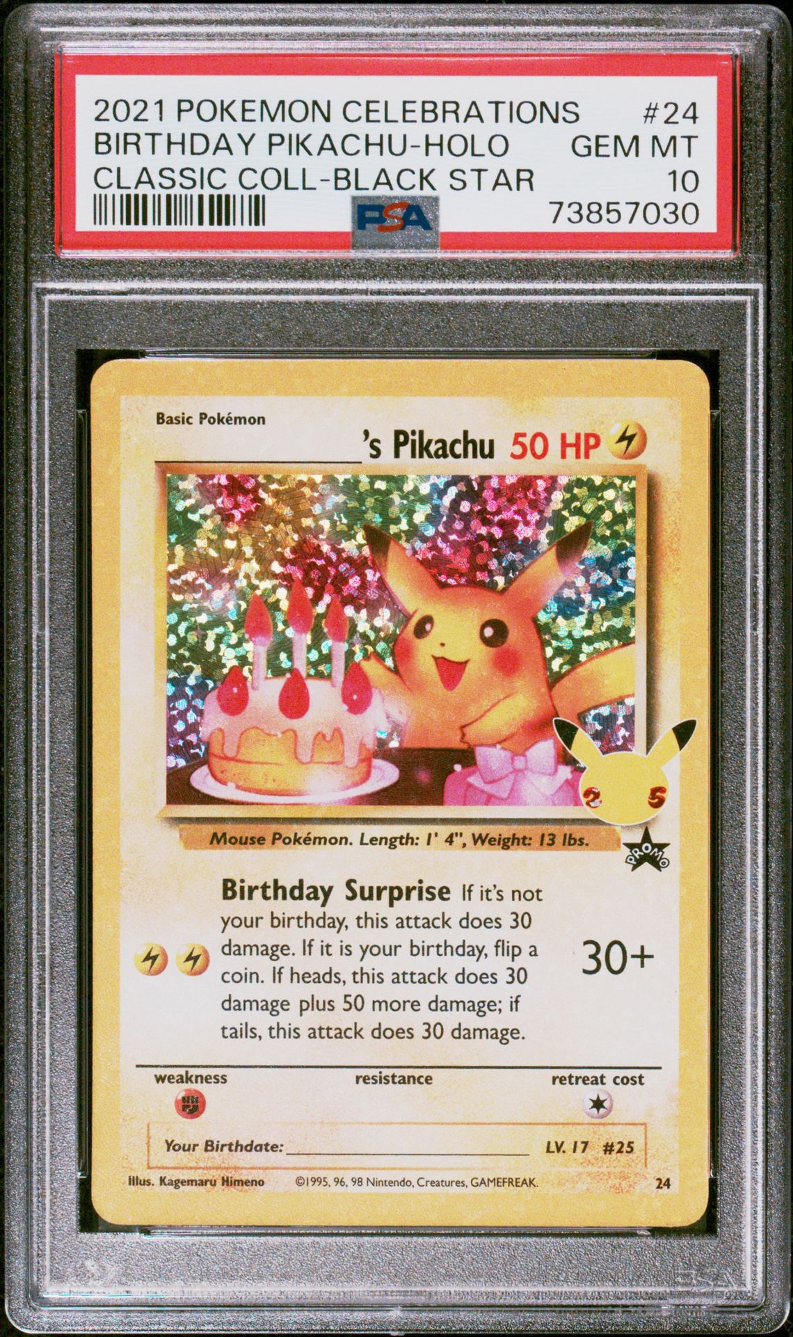 2021 Pokemon Celebrations Classic Collection Birthday Pikachu-Holo #24 (Classic Coll-Black Star) Gem Mt 10 front