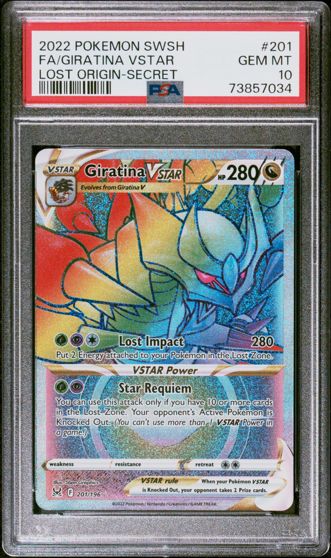2022 Pokemon Sword & Shield Lost Origin Fa/Giratina Vstar #201 (Lost Origin-Secret) Gem Mt 10 front