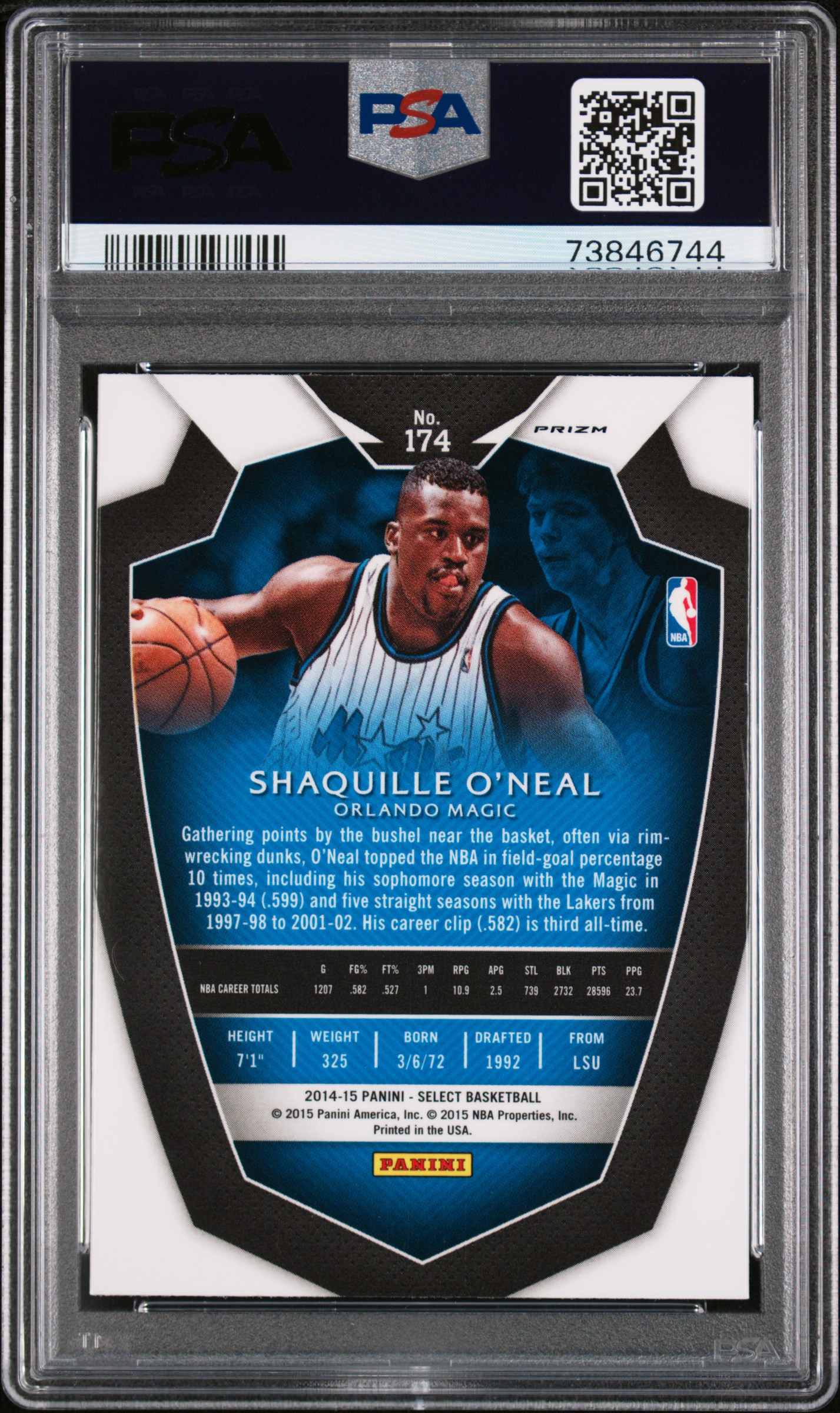 2014 Panini Select Shaquille O'neal #174 (Blue/Silver Prizm) Mint 9 back