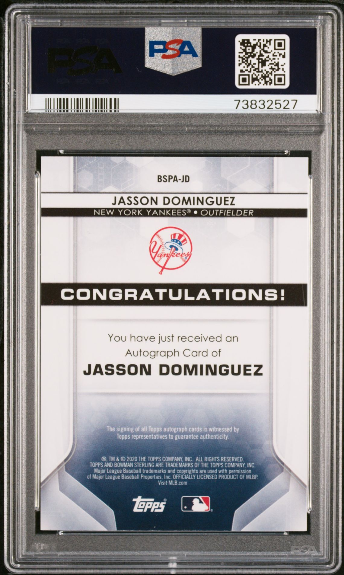2020 Bowman Sterling Prospect Autographs Jasson Dominguez #Jd (Prospect Auto-Wave Ref.) Mint 9 back