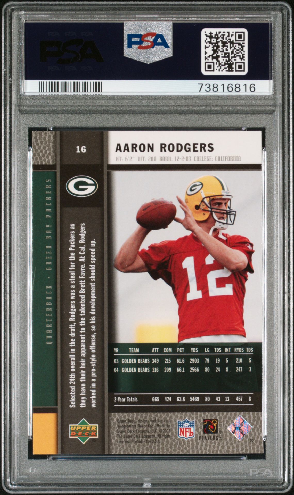 2005 Upper Deck Rookie Premiere Aaron Rodgers #16 Gem Mt 10 back