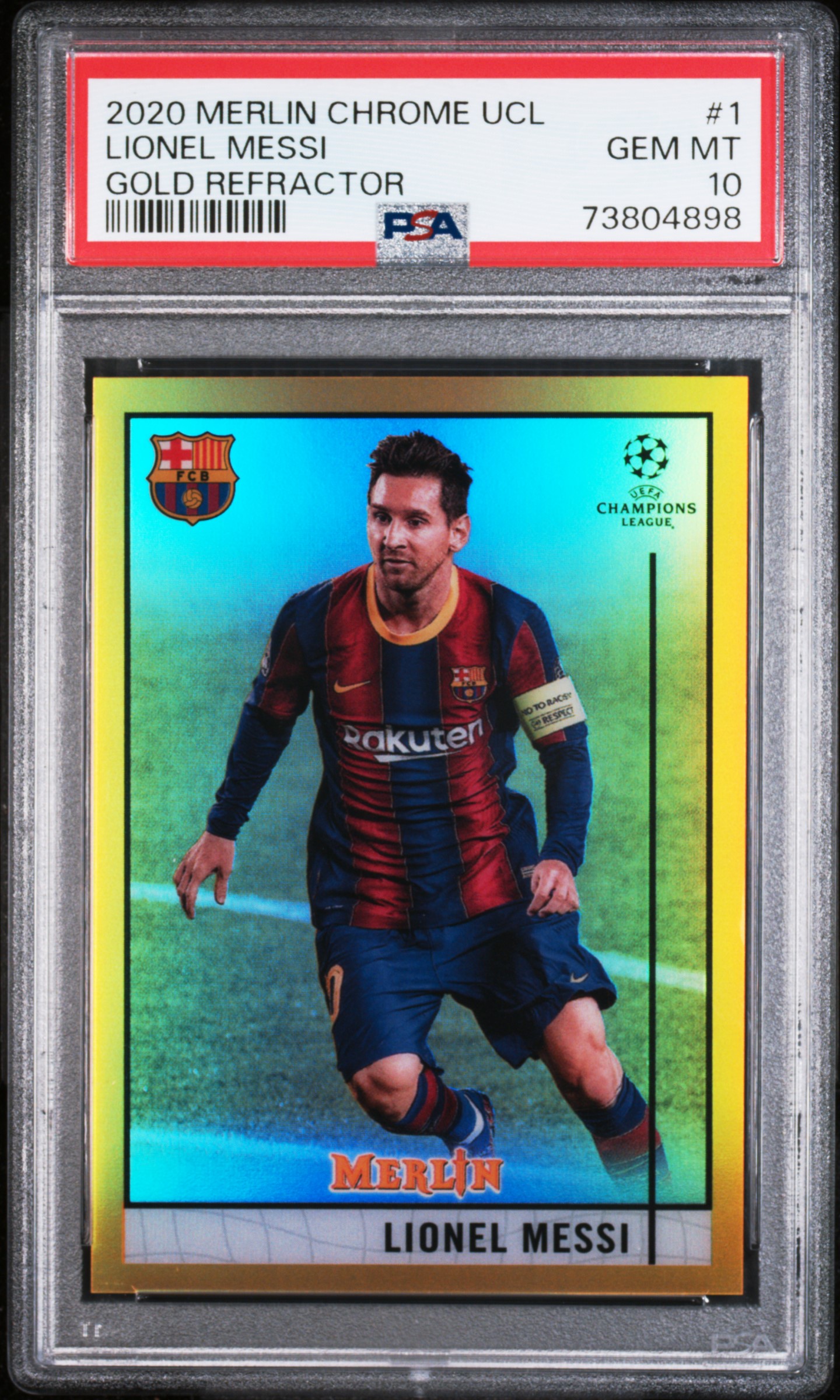 2020-21 Topps Merlin Chrome UEFA Champions League Gold Refractor #1 Lionel Messi (#29/50) – PSA GEM MT 10