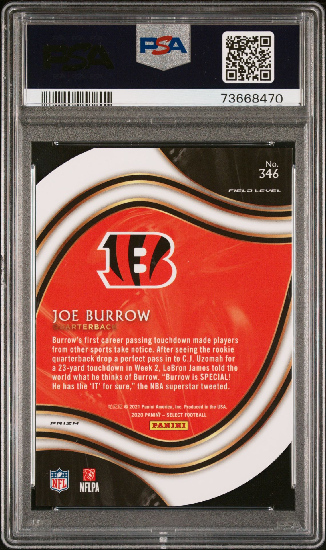 2020 Panini Select Joe Burrow #346 (Die-Cut Light Blue Prizm) Gem Mt 10 back