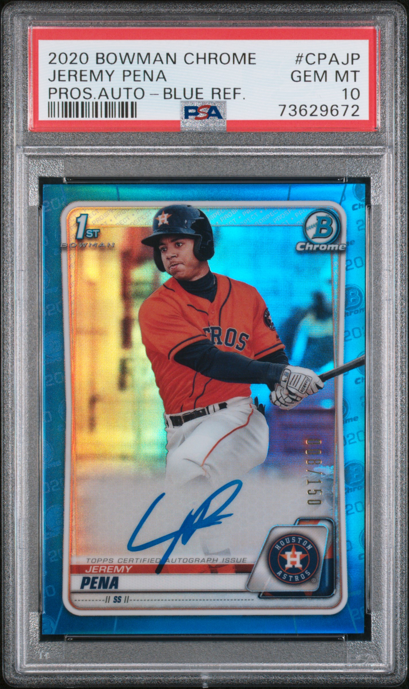 2020 Bowman Chrome Prospect Autographs Jeremy Pena Blue Refractor #CPAJP PSA 10