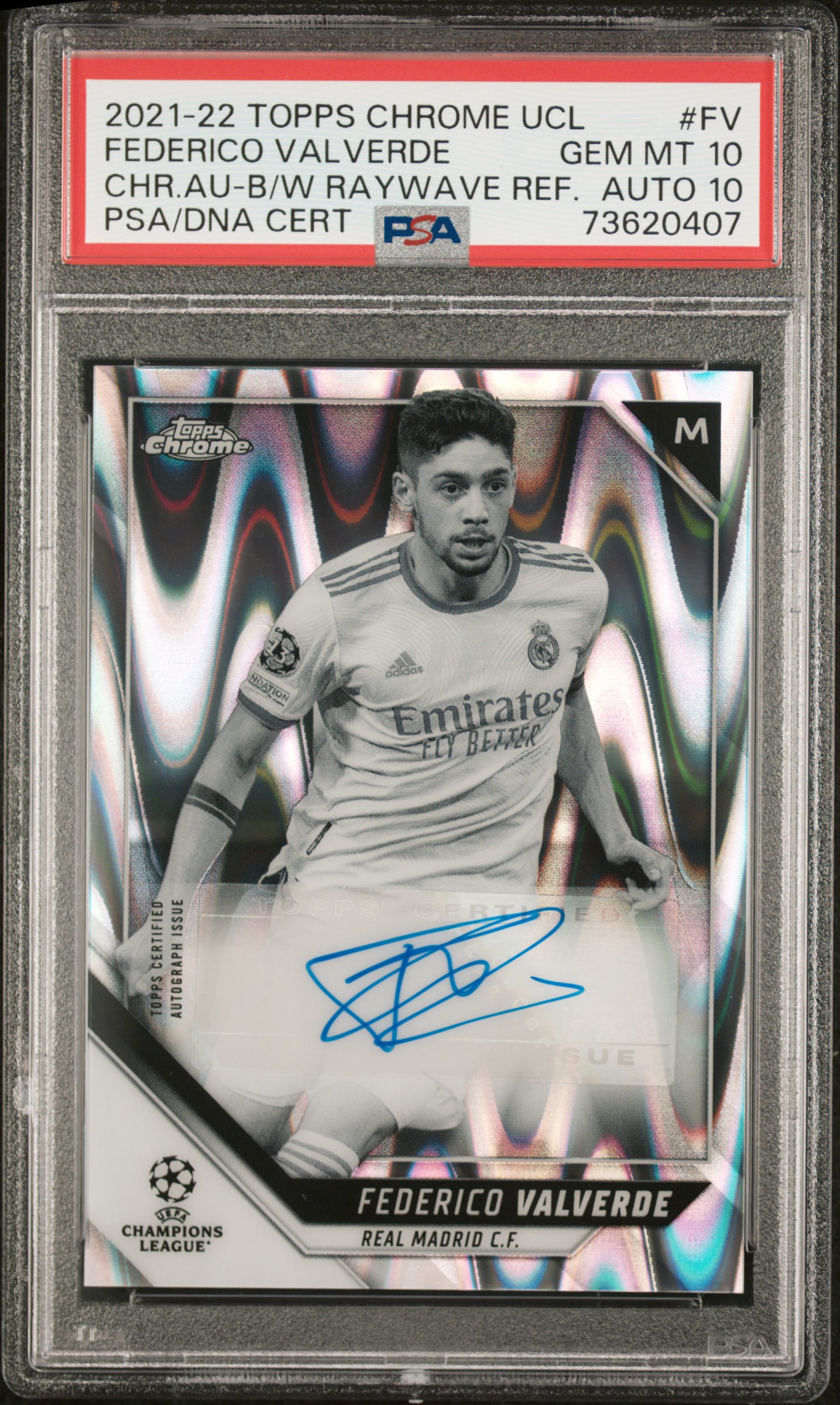 2021 Topps Chrome Uefa Champions League Chrome Autographs Black & White Raywave Refractor Fv Federico Valverde – PSA GEM MT 10