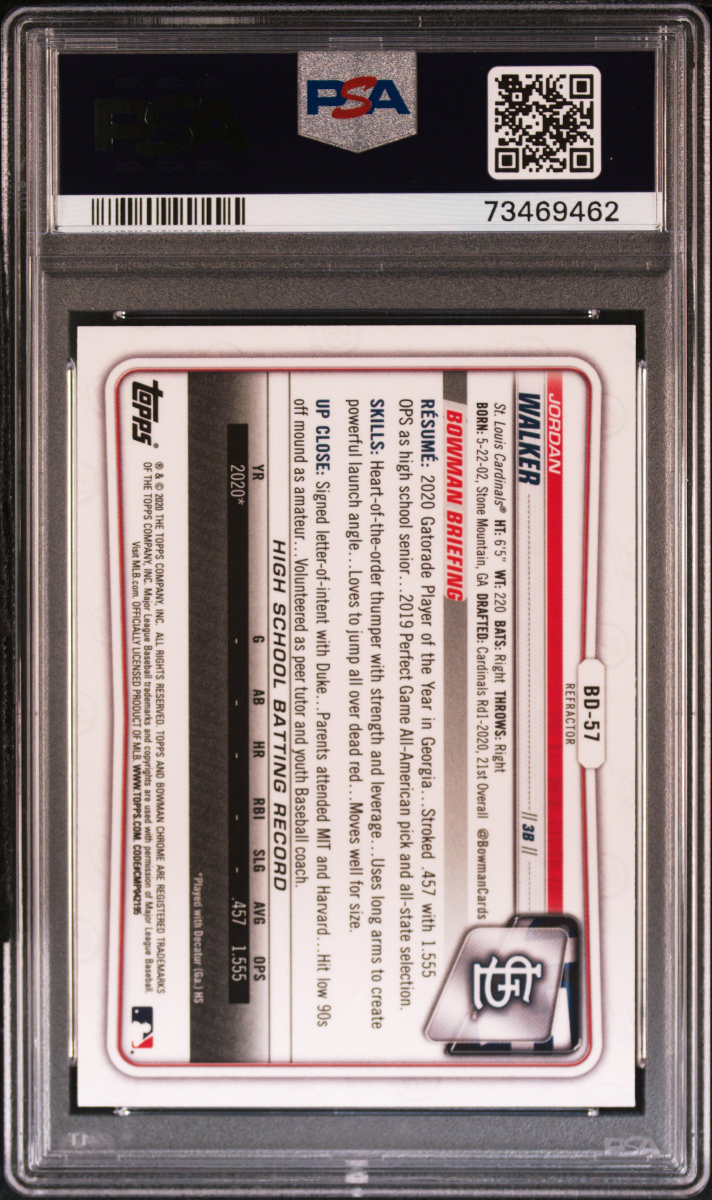 2020 Bowman Draft Jordan Walker #Bd57 (Chrome-Refractor) Gem Mt 10 back