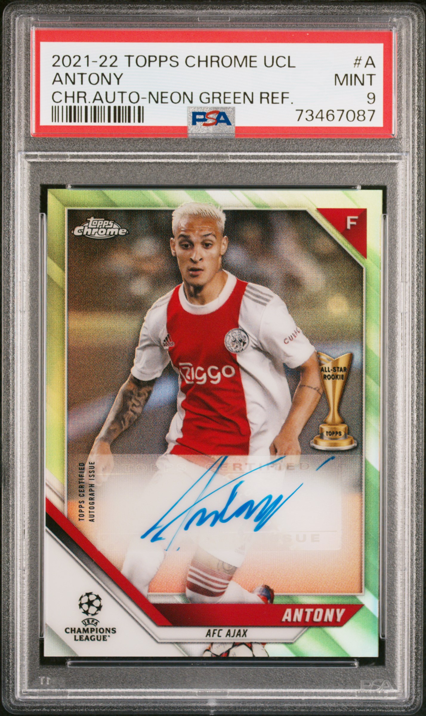 2021-22 Topps Chrome UEFA Champions League Chrome Autographs Neon Green Refractor #CA-A Antony Signed Card (#06/99) – PSA MINT 9