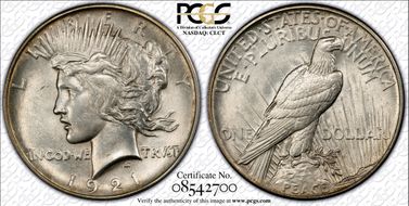 1921 $1 High Relief, Peace AU58