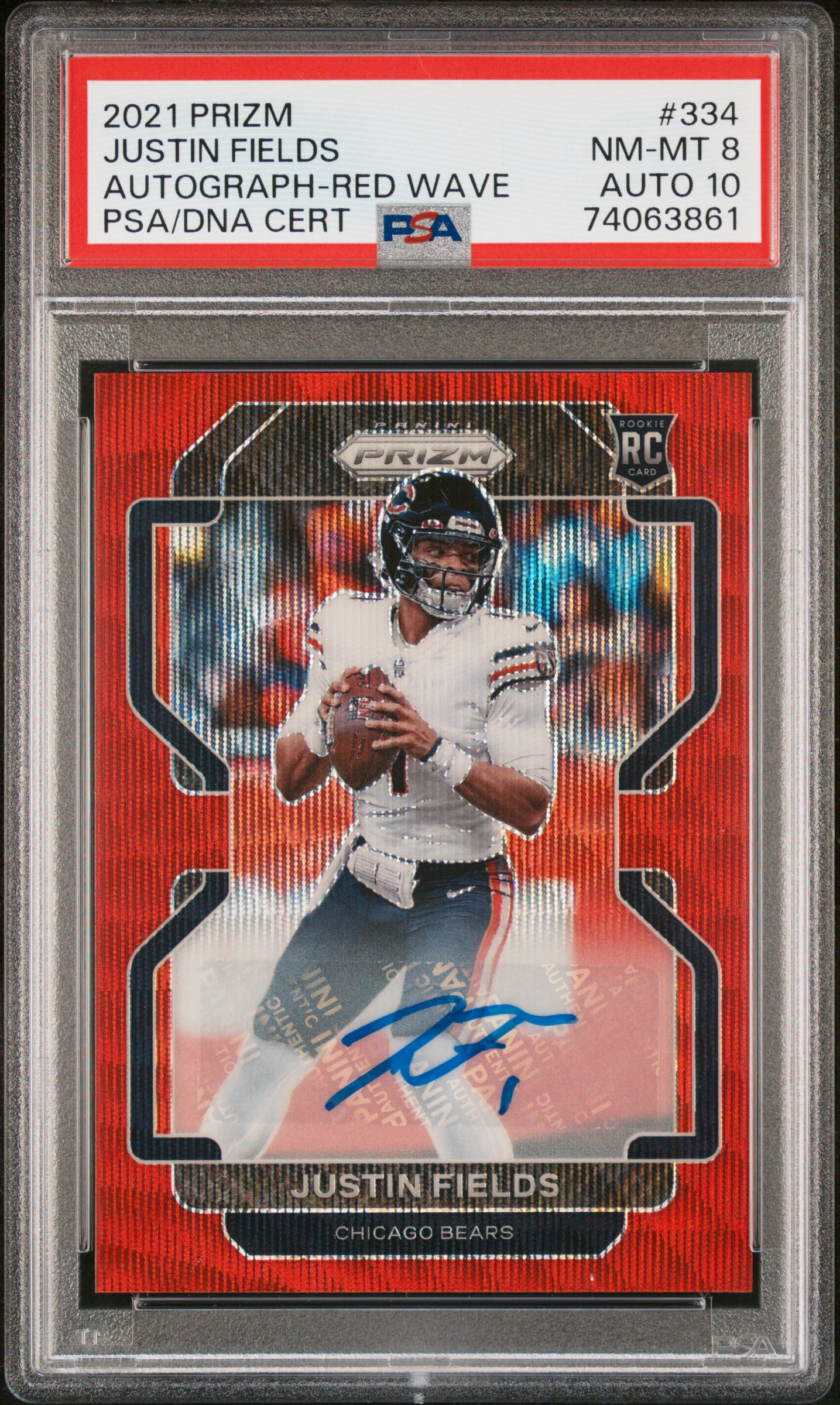 2021 Panini Prizm Autograph Red Wave Prizm #334 Justin Fields Signed Rookie Card (#019/149) - PSA NM-MT 8, PSA/DNA GEM MT 10