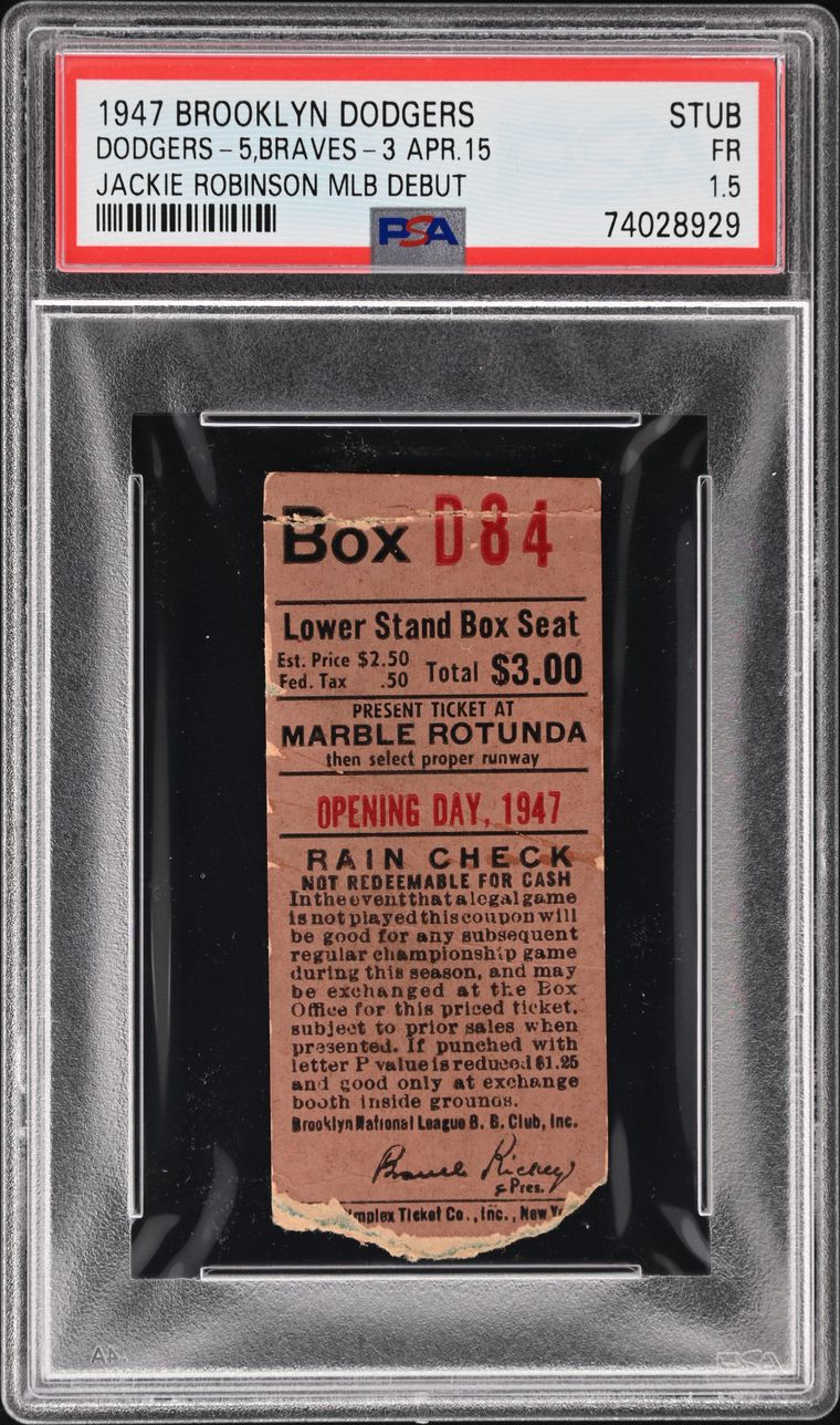 1947 Jackie Robinson MLB debut ticket stub graded PSA 1.5, sold for $324,000