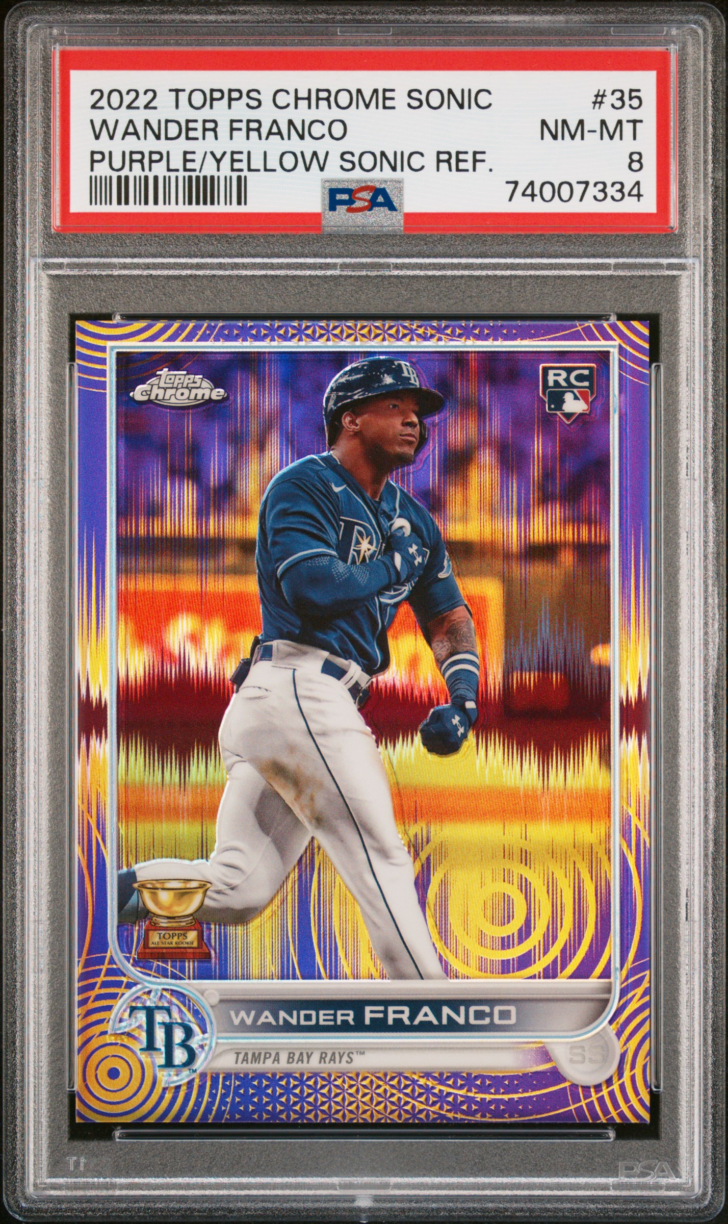 2022 Topps Chrome Sonic Purple/Yellow Sonic Refractor #35 Wander Franco Rookie Card (#128/299) – PSA NM-MT 8