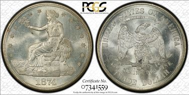 1874-S T$1 Chopmarked MS64