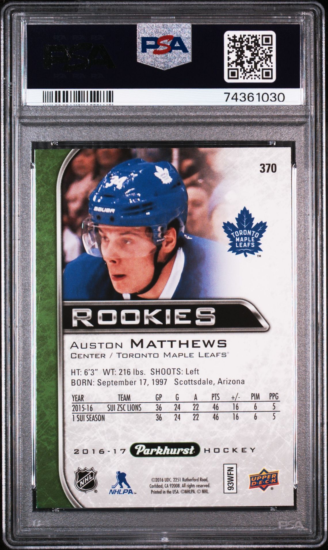 2016 Upper Deck Parkhurst Auston Matthews #370 Mint 9 back