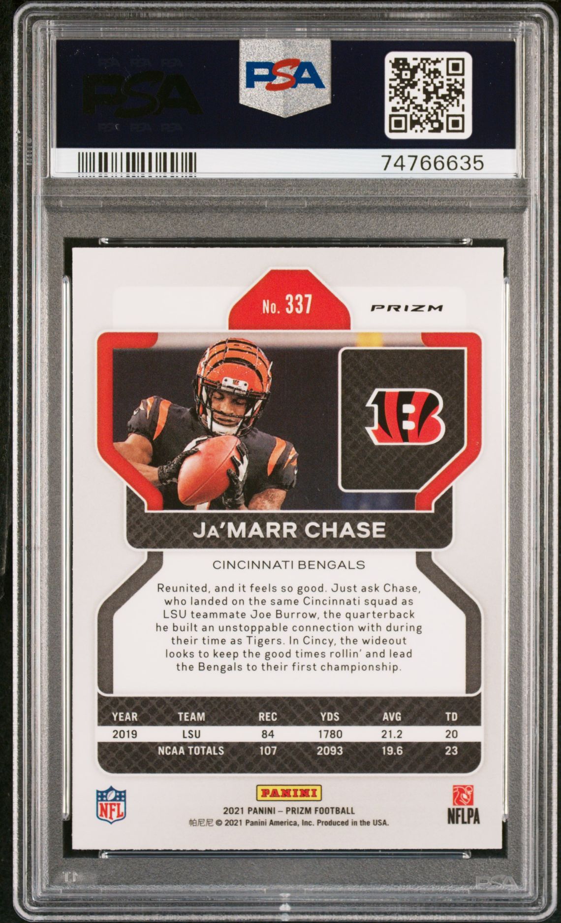 2021 Panini Prizm Ja’marr Chase #337 (Lazer Prizm) Gem Mt 10 back