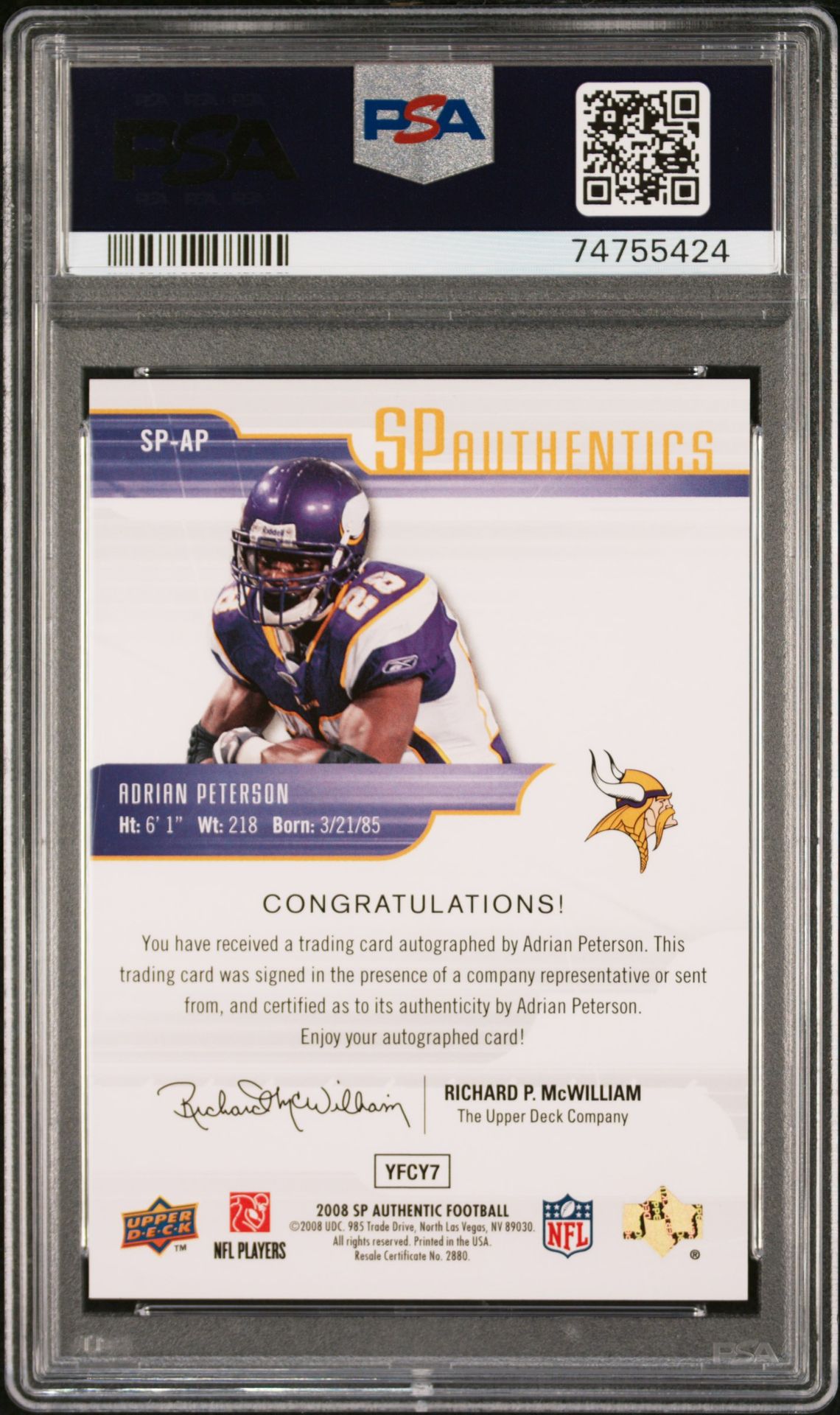 2008 Sp Authentic Autographs Adrian Peterson #Sp-Ap (Autographs) Gem Mt 10 back