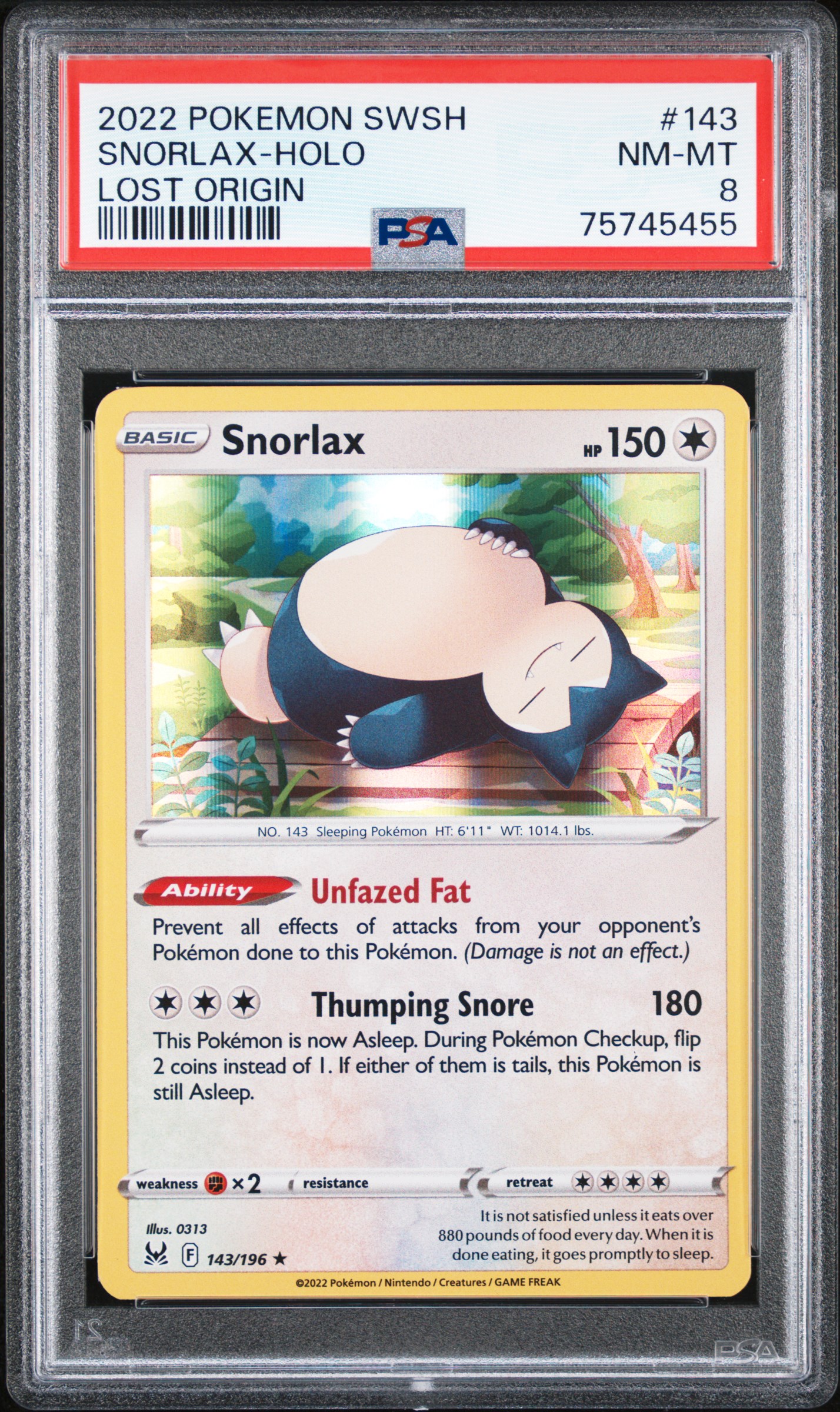 2022 Pokemon Sword And Shield Lost Origin Holofoil #143 Snorlax – PSA NM-MT 8