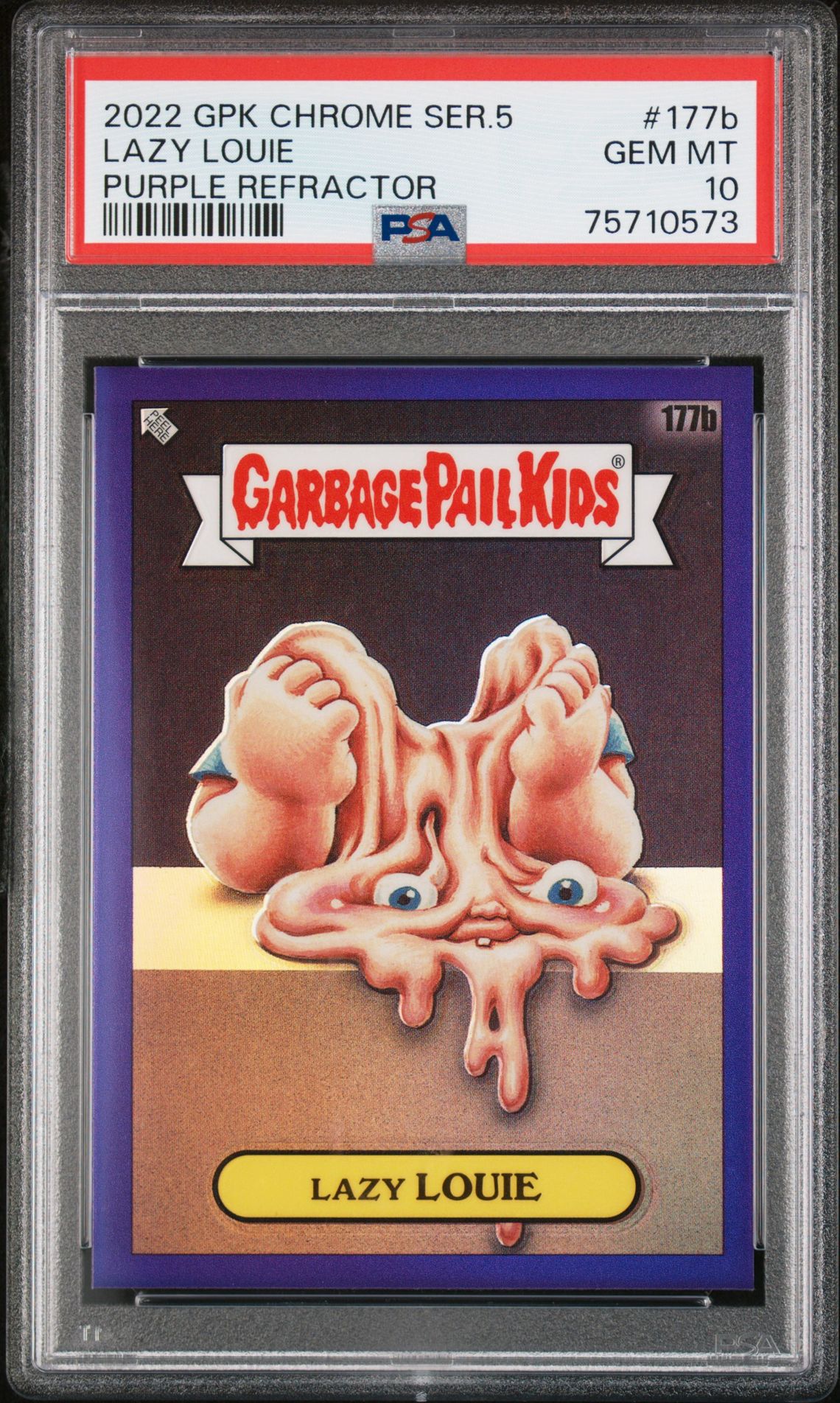 2022 Topps GARBAGE PAIL KIDS CHROME PURPLE REFRACTOR #177B Lazy Louie front