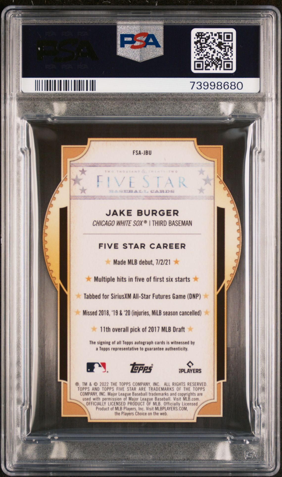 2022 Topps Five Star Autographs Jake Burger #Fsajbu (Autographs-Blue) Gem Mt 10 back