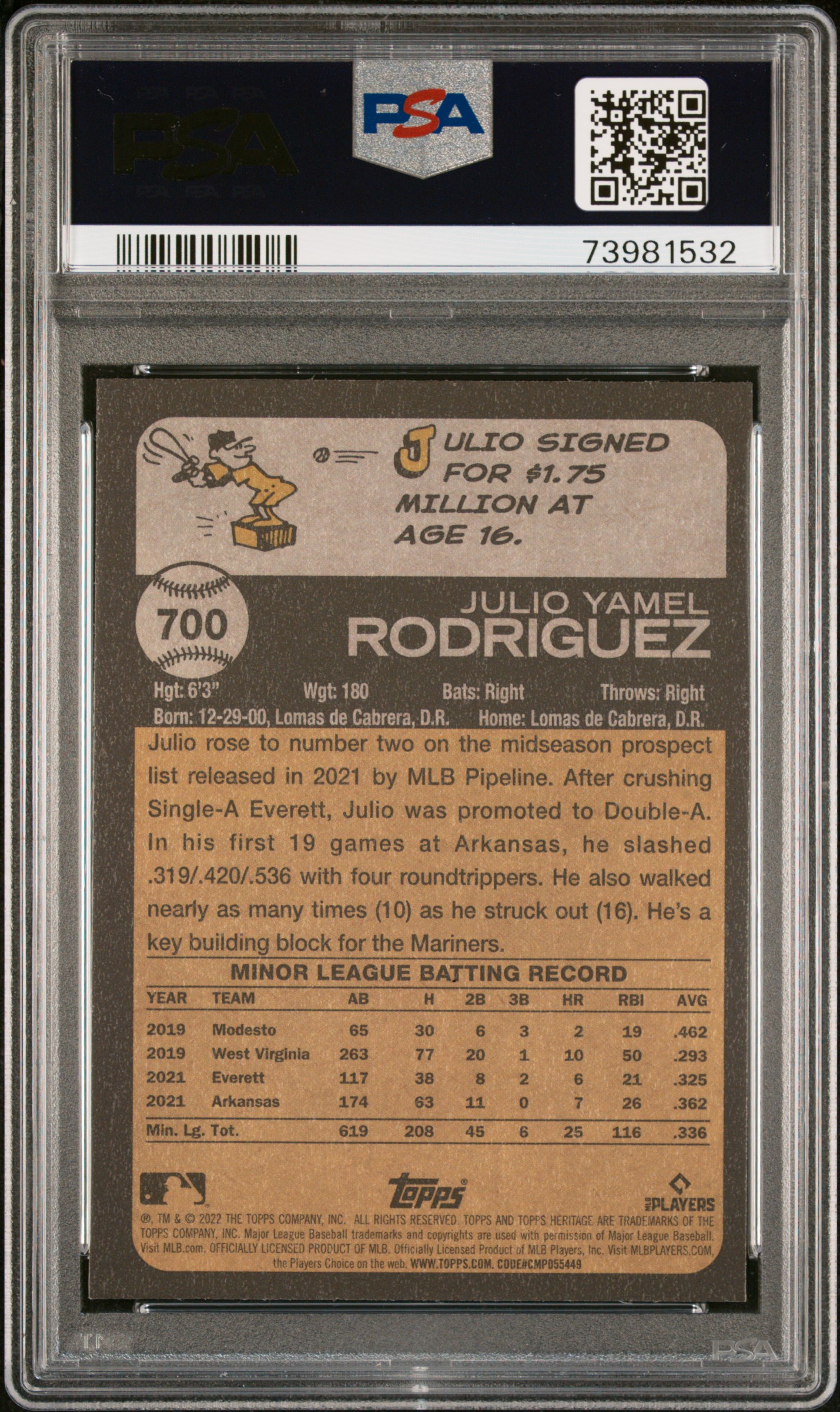 2022 Topps Heritage Julio Rodriguez #700 (Chrome-Hot Box Refractor) Mint 9 back