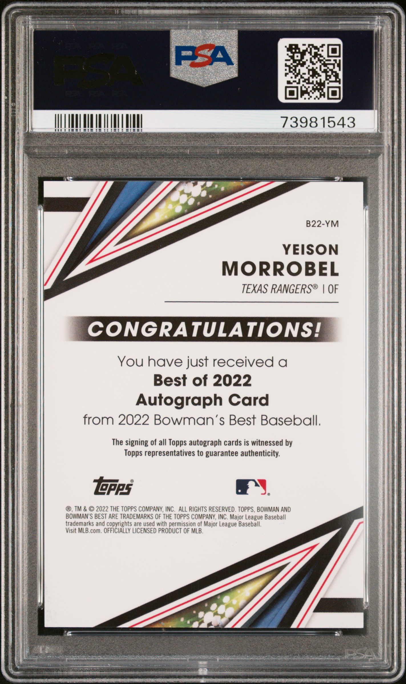 2022 Bowman's Best Best Of 2022 Autographs Yeison Morrobel #B22Ym (Best Of 2022 Au-Green Ref) Gem Mt 10 back