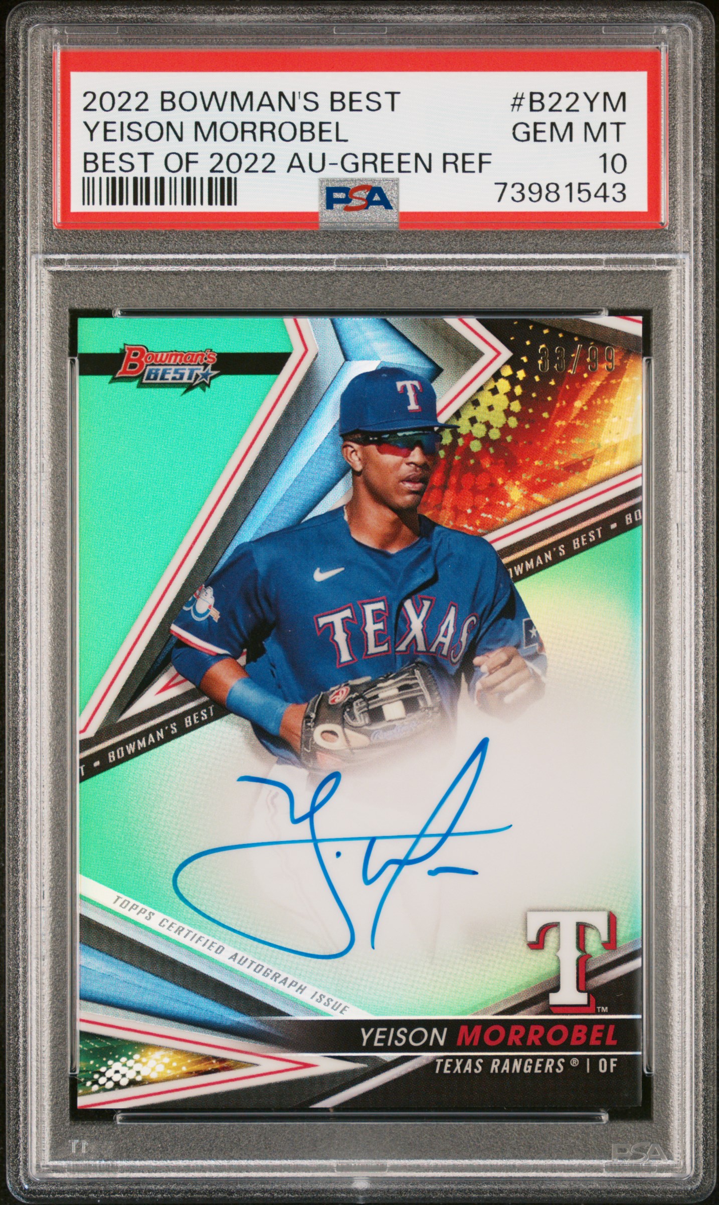 2022 Bowman's Best Best Of 2022 Autographs Yeison Morrobel #B22Ym (Best Of 2022 Au-Green Ref) Gem Mt 10 front