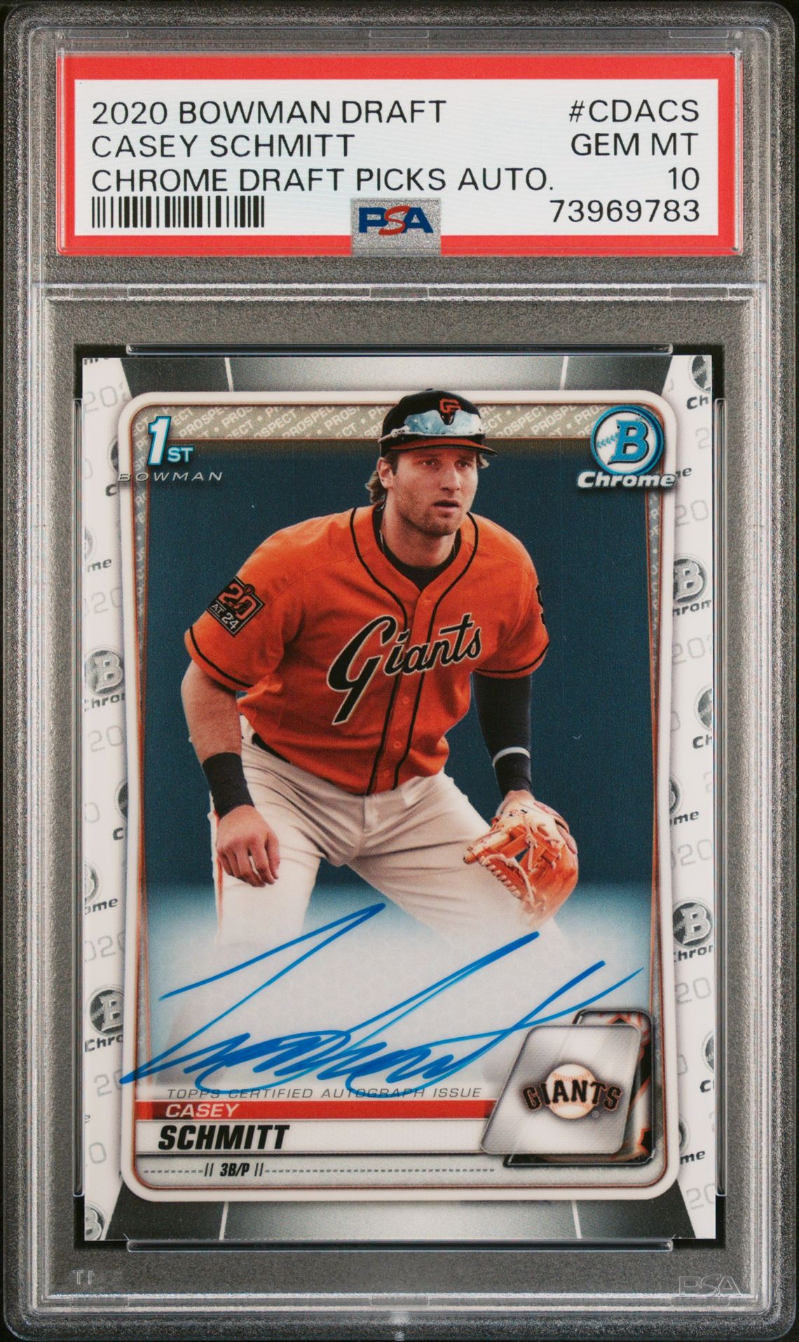 2020 Bowman BOWMAN DRAFT CHROME DRAFT PICKS AUTOGRAPHS CHROME DRAFT PICKS AUTO. #CDACS Casey Schmitt front