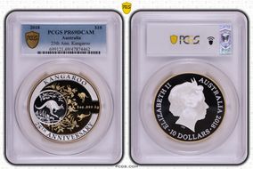 2018 $10 25th Ann. Kangaroo 5oz Ag Selective Gilt PR69DCAM
