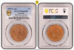 1955 Y. (p) 1D Melbourne obverse MS63RB