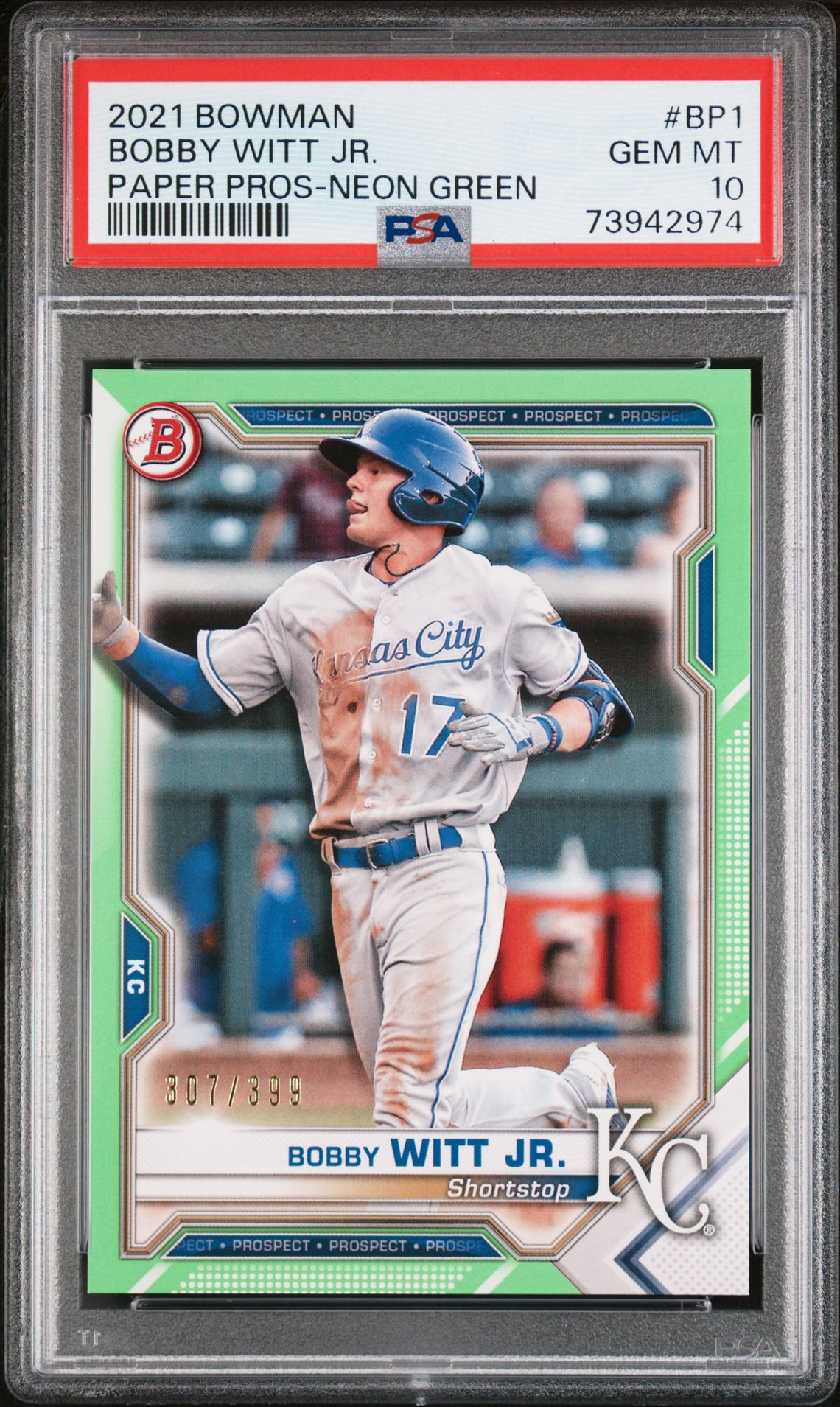 2021 Bowman Paper Prospects Bobby Witt Jr. #Bp1 (Paper Pros-Neon Green) Gem Mt 10 front