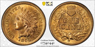 1864 1C L on Ribbon MS65+ RD