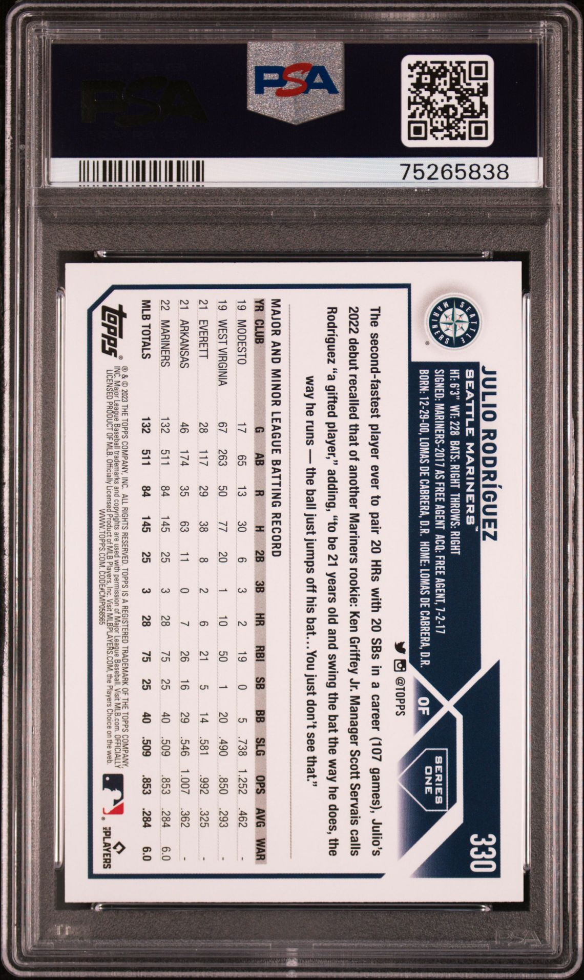 2023 Topps Julio Rodriguez #330 Gem Mt 10 back view - PSA certificate #75265838