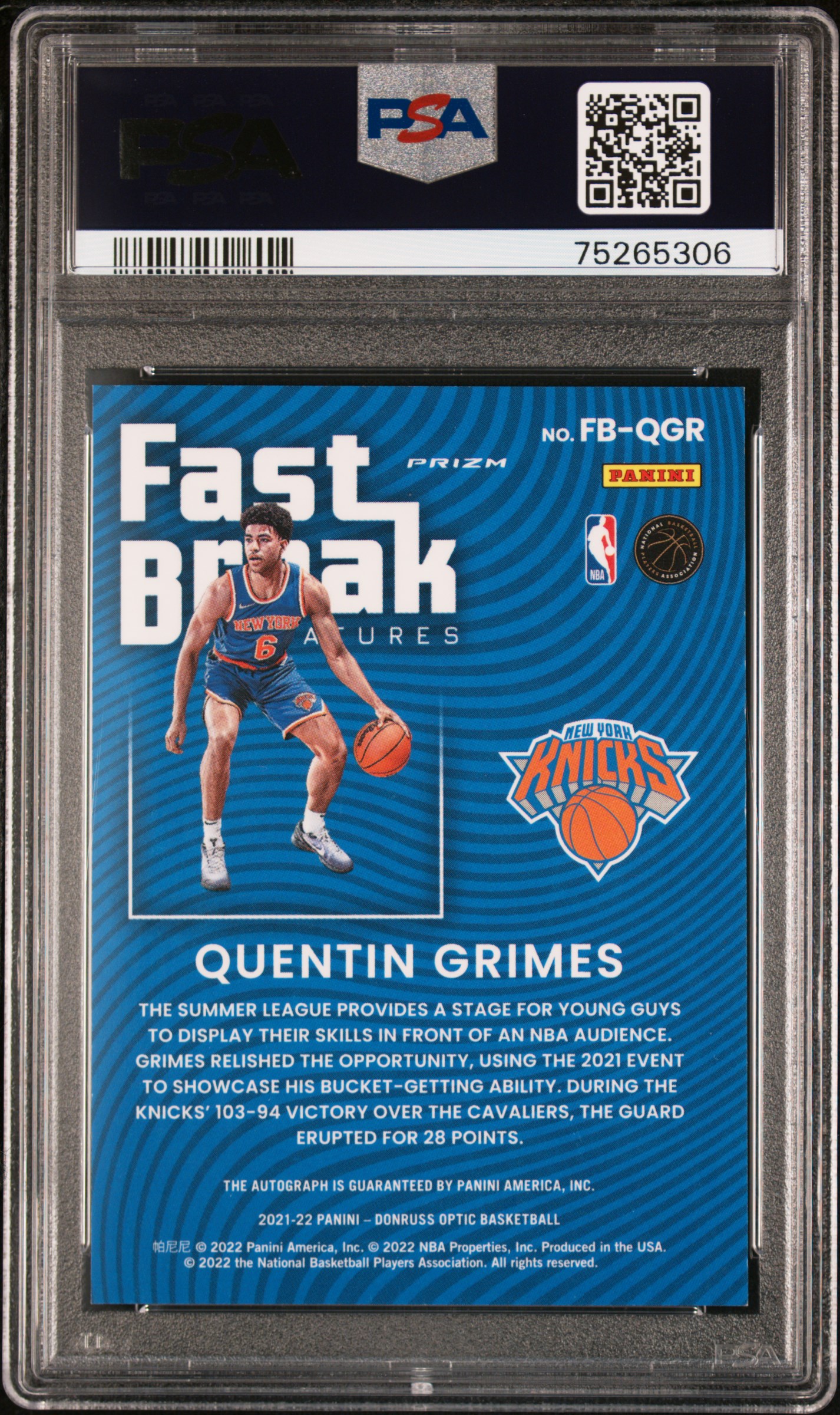 2021 Panini Donruss Optic Fast Break Signatures Quentin Grimes #Fbqgr (Fast Break Signatures) back