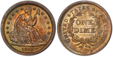 1838 10C No Drapery, Large Stars MS63